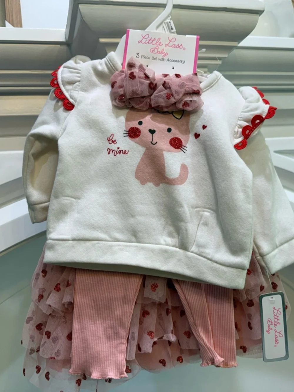 Little Lass Pink and Red Glitter Kitten Matching Set with Bow skirt top bottom - Picture 6 of 10